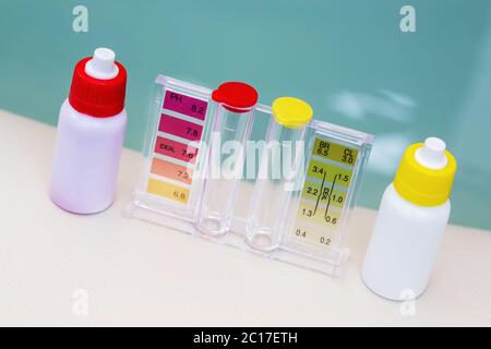 Jacuzzi spa pool maintenance test, Ph chlorine and bromide levels Stock Photo
