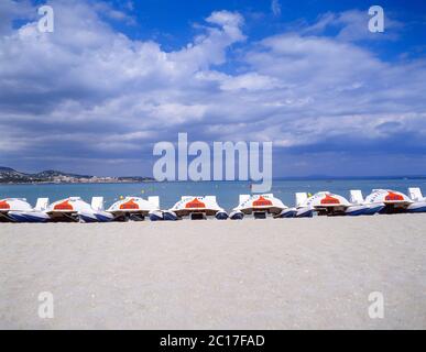 Pedaloe boats on beach, Palmanova, Calvia Municipality, Mallorca, Balearic Islands, Spain Stock Photo