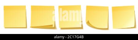 Realistic blank sticky notes isolated on white background. Yellow sheets of note papers. Paper reminder. Vector illustration. Stock Vector