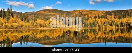 Panoramic view of a clear lake with reflections in fall, Chena River State Park, Alaska Stock Photo