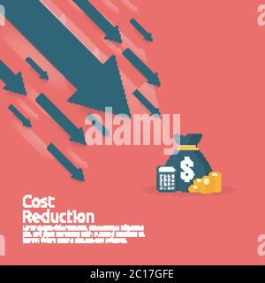 business finance crisis concept. stack pile coins and money bag icon. arrow decrease economy stretching rising drop. lost bankrupt declining. cost Stock Vector