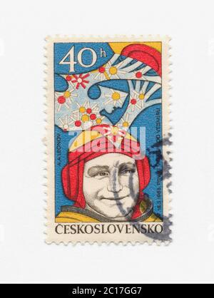 Postage stamp Alexei Leonov, soviet astronaut, Czechoslovakia 1977. First spacewalk of man in 1965. Value: 40 hellers Stock Photo