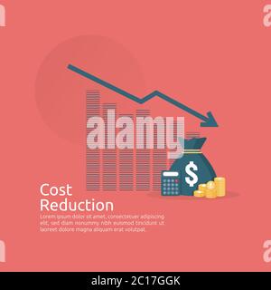 business finance crisis concept. stack pile coins and money bag icon. arrow decrease economy stretching rising drop. lost bankrupt declining. cost Stock Vector