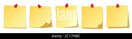 Realistic blank sticky notes isolated on white background. Yellow sheets of note papers with push pin. Paper reminder. Vector illustration. Stock Vector