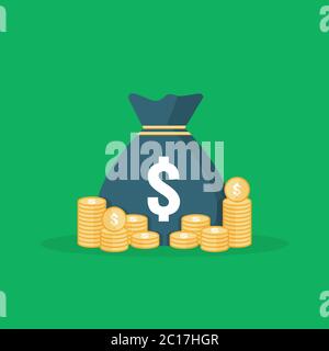 dollar pile coins icon. gold golden stack and money bag for profit saving. calculations counting, data analytic, planning, report. business investment Stock Vector