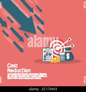 business finance crisis concept. stack pile coins and money bag icon. arrow decrease economy stretching rising drop. lost bankrupt declining. cost Stock Vector