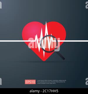 heart cardiology. heartbeat or beat pulse search icon. danger heart attack symbol. world heart day concept for banner or poster. Vector illustration Stock Vector