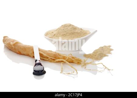 Ginseng powder, extract and ginseng root Stock Photo