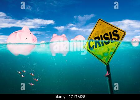 Financial troubles concept illustrated by floating pink piggy banks on dangerous waters with warning sign of economic crisis. Concept of drowning in d Stock Photo