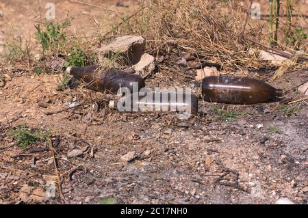 Someone has abandoned beer bottles, which are dark brown colored glass like garbage in a rural area littering nature Stock Photo