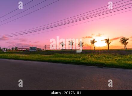 Paramaribo, Suriname - May 2020: Colorful Sunset Over Greenview Lake Property Development.