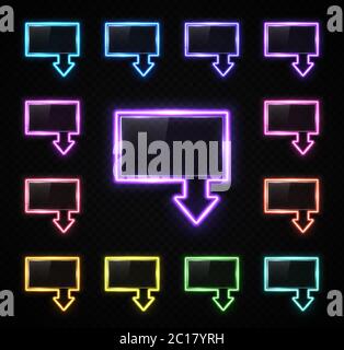 Neon arrow sign on transparent background. Color direction pointer symbol set with text space. Glowing light night street banner Retro design frame El Stock Vector