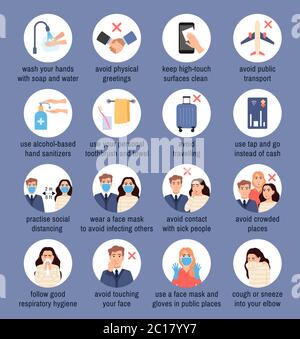 Coronavirus disease Covid-19, flu virus protection icons set in white circles on blue background. Infection prevention tips infographic. Epidemic pand Stock Vector