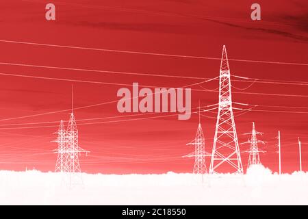Pylon high voltage power line. Large towers of metal structures with electric wires. Computer post-processing. Stock Photo