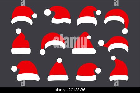 Santa Clause hat, Christmas flat set. Xmas Santa winter red hats. New Year cartoon holiday cute traditional caps collection. Festive design element. Isolated on dark background vector illustration Stock Vector
