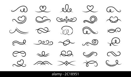 Curl and swirl set. Vintage borders, vignettes decorative elements. Calligraphic elements ink black and white drawing whorls. Isolated on white background vector illustration Stock Vector