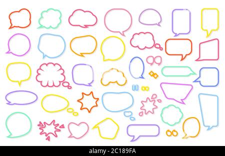 Colored line frame comic retro speech soap bubble set. Empty text box different shapes balloons, clouds. Funny comics message, bubbles gum blank icon template. Isolated on white vector illustration Stock Vector