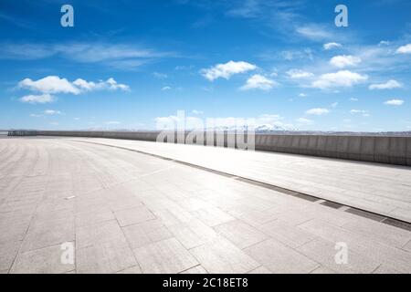 empty marble floor with snow mountains Stock Photo