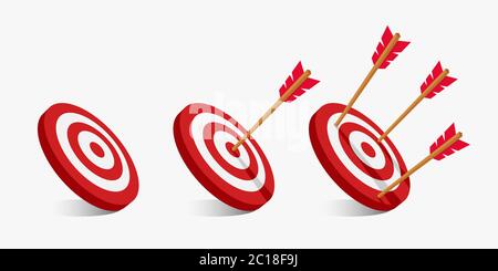 archery targets with a variety of shots. The arrow that pierced right in the middle of the target. A failed arrow miss hits the bullseye. Stock Vector
