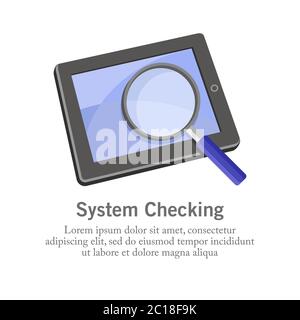 Vector illustration of checking a tablet with a magnifying glass. Suitable for illustrations of activities that scan for computer hardware damage Stock Vector