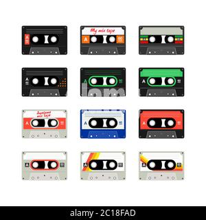Tape recorder cassette in 80's retro music memories. Oldies music cassette layout design. Vintage cassette tape vector illustration set. Stock Vector