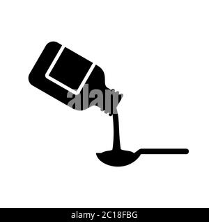 Icon of a liquid medicine bottle poured into a spoon. Pour liquid medicine into a measuring spoon. Health care graphic resources Stock Vector