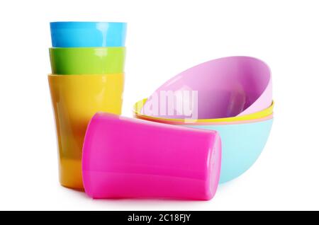 Colorful plastic cups and plates Stock Photo