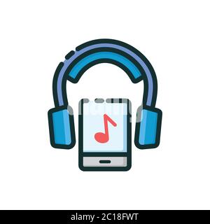 Vector illustration of listening music entertainment using headset from smartphone device. Suitable for design element of multimedia device facilities Stock Vector