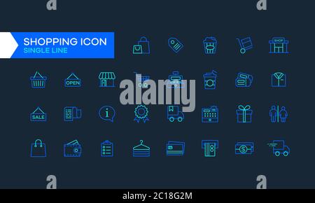 Flat and simple line icons of shopping  like shopping bag, gift box, credit card and clothes. Mall and shop graphic resources element. Stock Vector