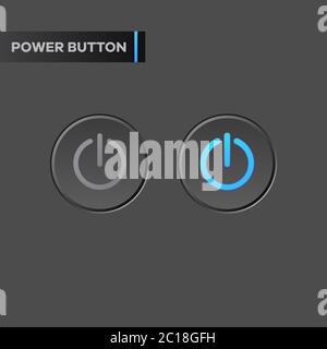 Power button icon with a blue neon effect illuminate back light. Switch on and off button with light indicator for computer applications in dark theme Stock Vector
