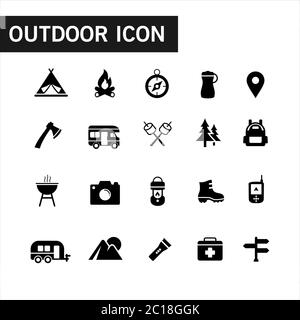 Icon collection of outdoor activities and adventures in the wild such as tent, compasses, mountain and other camping equipment. Stock Vector