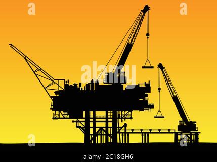 Offshore oil drilling installations with high crane machines. Suitable for design element of oil and gas company profile background template. Stock Vector