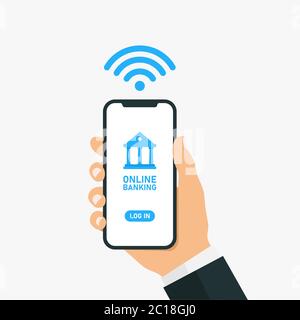 illustration of a businessman holding a smart phone to conduct transactions with online banking. The use of online banking software to do fintech Stock Vector