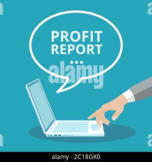 Simple illustration from the hands of a businessman touching a laptop keyboard. Accessing profit report data from the computer Stock Vector
