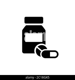 Silhouette icon of a bottle of medicine, pill and capsule. Simple flat minimalist medicine container in black and white design. Stock Vector