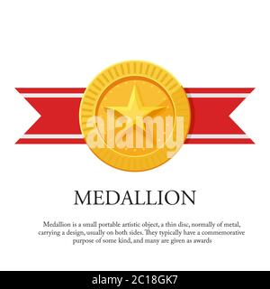 Vector illustration of a medal with star ornaments and red ribbons. Suitable for design elements of award medals. Gold star medal icon Stock Vector