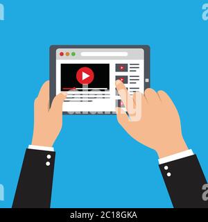 business man's hand is holding the tablet to see the trending videos footage. Vector illustration of video player browser on internet using tablet. Stock Vector