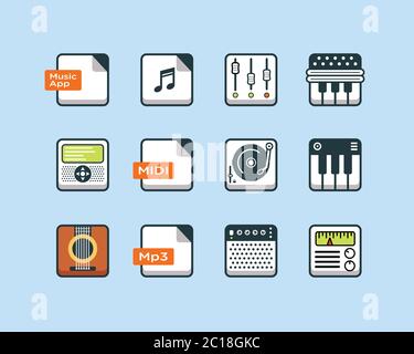 Music app icon in rounded square box. Suitable for design element for music player software and app. Collection of modern audio player technology. Stock Vector