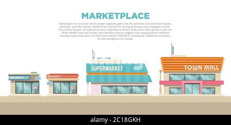 Illustration of various marketplace store buildings. Shop and Trade business building from the front view. Cartoon drawing of a shop building. Stock Vector