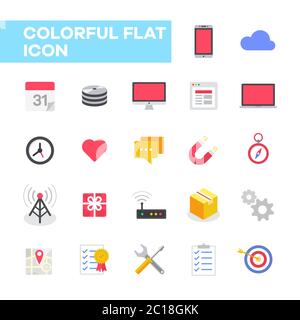 Flat icon collection of computer digital technology elements. Solid flat color computer icon graphic resources. Stock Vector