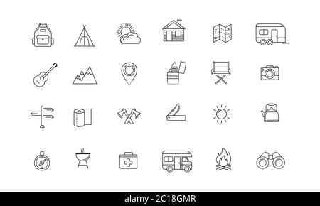 Icon collection of outdoor activities and adventures in the wild such as maps, compasses, tents and other camping equipment. Outline outdoor icon Stock Vector