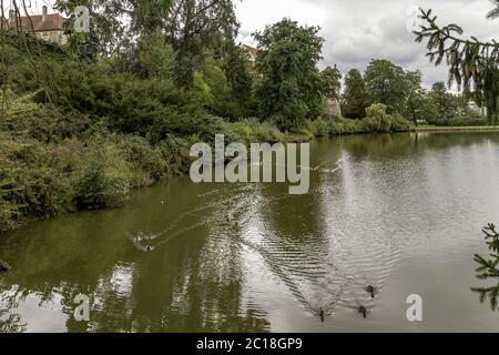 Castle park with pond, Bischofteinitz, Horšovsk ý T ý n, Czechia, Czechia Stock Photo