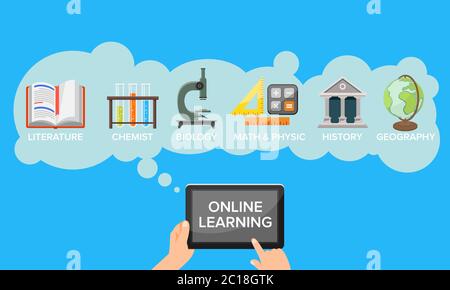 Vector illustration of online learning. Suitable for design elements of home learning activities, the use of the internet for education, and distance Stock Vector