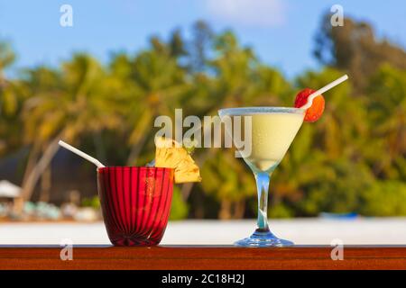 Fruit cocktail on Maldives beach Stock Photo