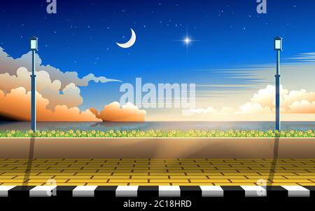 view of walkway on the beach in the morning Stock Vector