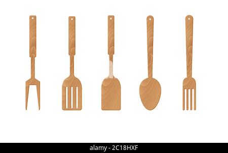 wooden spoon and kitchenware on the white background Stock Vector