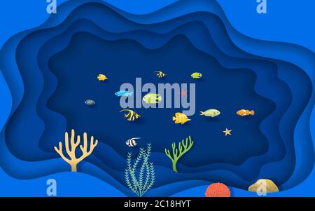 landscape of colorful coral and fish at the cave in the ocean Stock Vector