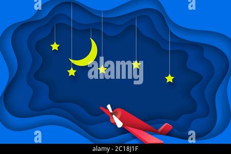 moon and star with plane on the sky in the night Stock Vector