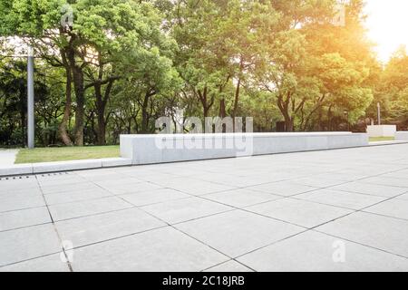 empty marble floor near green forest Stock Photo