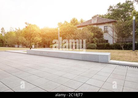 empty marble floor near green forest Stock Photo